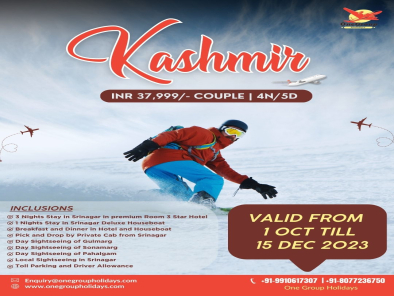 Kashmir 4 Nights 5 Days Just INR 18999/- Per Person